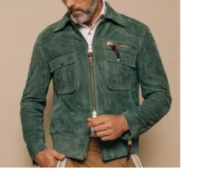 Handmade men green suede jacket, men cargo pockets style zipper Suede jacket