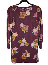 LOFT Petite Long Sleeve Floral Dress Burgundy