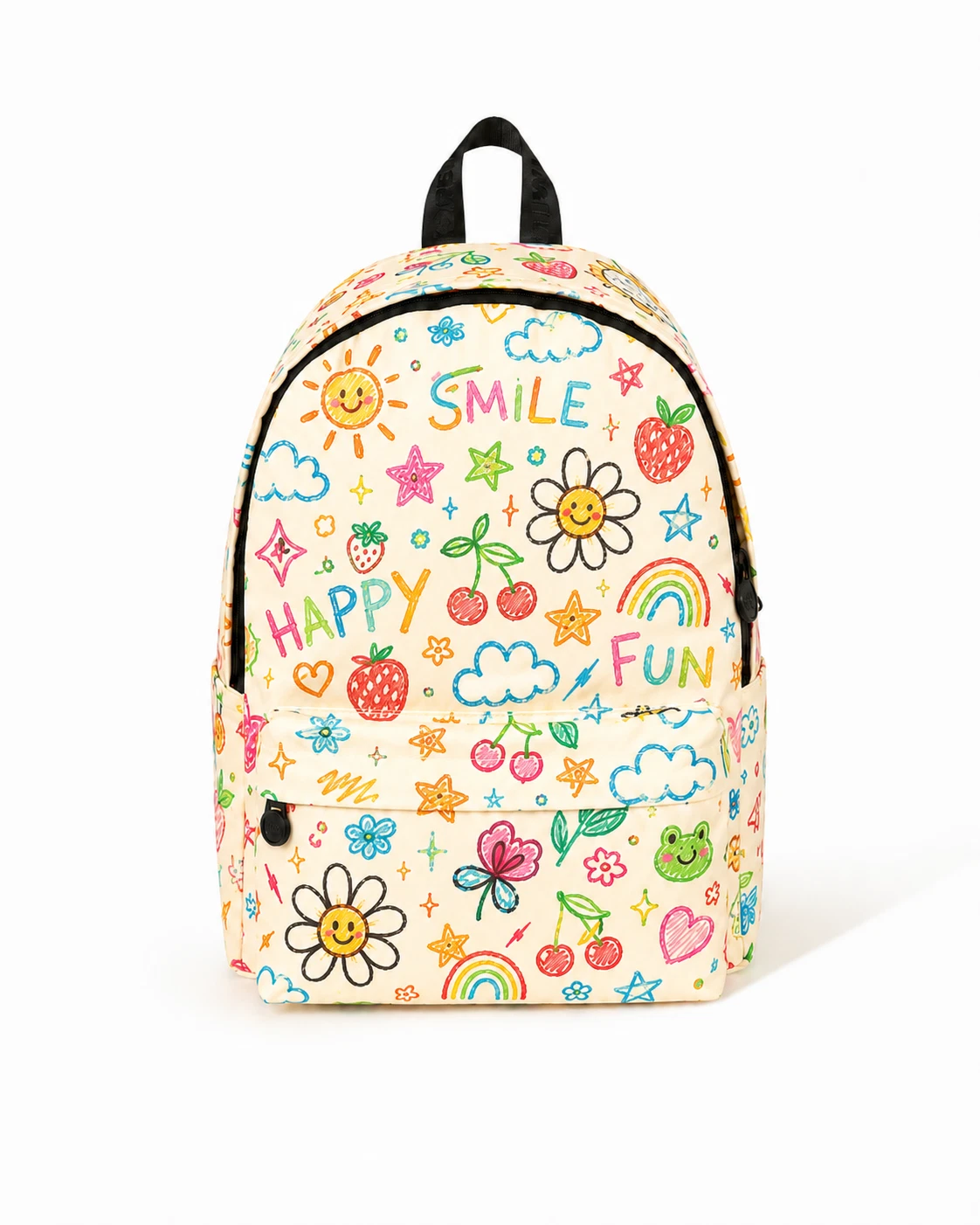 Colorful Doodle Backpack, Kids Smile Happy Fun School Bag, Cream Rainbow Flower