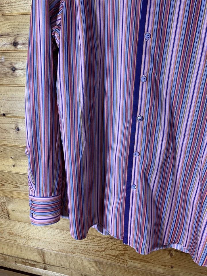 Gerlin Platino 100% Algodón Vibrante Naranja Púrpura Blanco Rayas Hombres Botón Talla XL Foto 3 de 4