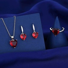 925 Sterling Silver Crystal Red Heart Pendant Necklace Earrings Women Jewellery