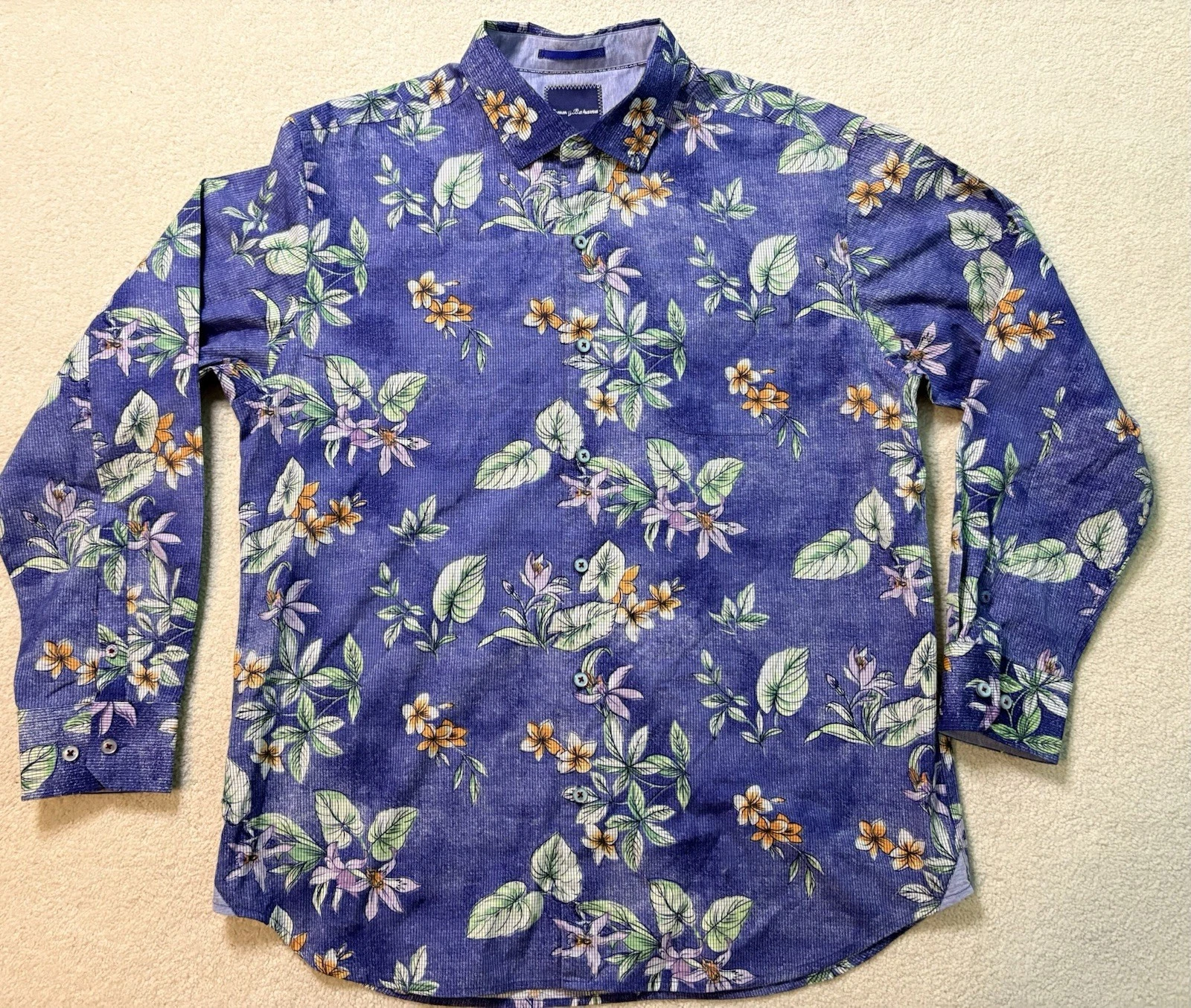 Tommy Bahama Mens L Blue Floral Long Sleeve Button Down Shirt Tropical Summer
