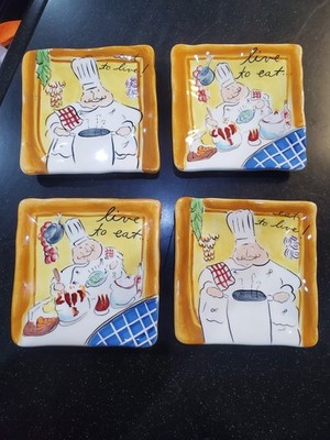 Set Of 4 Master Chef By Tracy Live To Eat Eat To Live Chef 4.75'' Square Plates