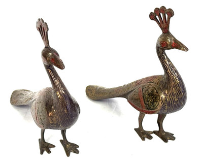 Vintage Hand Painted SOLID BRASS PEACOCK Bird Figurine Made in INDIA 6'' H