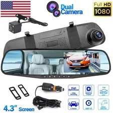 Rearview Mirror Dash Cam 1080P HD DVR Dual Camera Car Front Rear Video Recorder