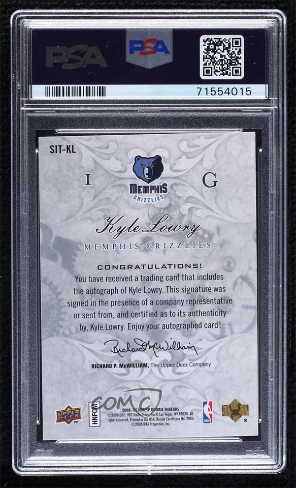 2008-09 SP Rookie Threads Scripted in Time Kyle Lowry #SIT-KL PSA 8 Auto - Image 2 of 2