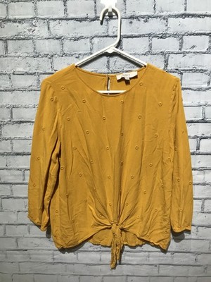 Loft, Women L, Mustard Yellow Swiss Dot 3/4 Sleeve Tunic w Button Blouse/Top