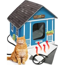 Heated Cat House for Winter Weatherproof Insulated Outdoor Indoor Blue