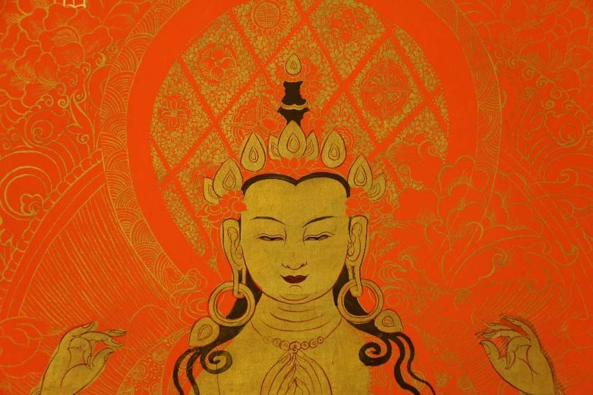 Tibet Vintage Old Buddhist Red Thangka Four-armed Avalokitesvara Bodhisattva