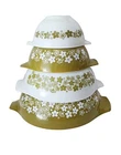 4 Vintage Pyrex Green Spring Blossom Crazy Daisy Cinderella Mixing Bowl Set