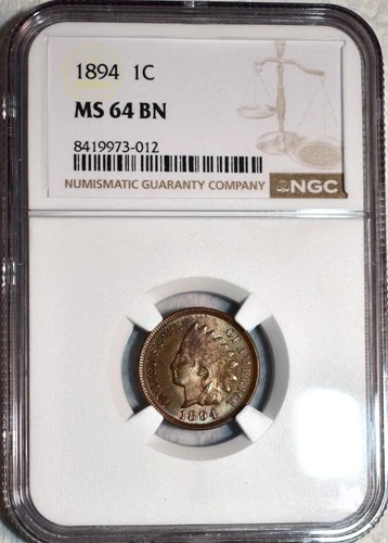 NGC MS-64 BN 1894 Indian Head Cent, Frosty, Sharply Struck specimen.