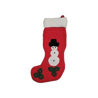 Vtg Christmas Red Stocking Snowman Hand Knit MCM Designs Handmade Cottage Core