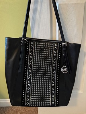 Michael Kors Black Leather Grommet Studded Tote Bag Silver Hardware