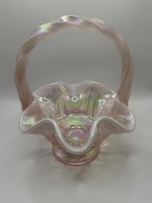 Pink Opalescent Glass Basket Fenton 6" Leaf Pattern- Twisted Handle- Ruffle Edge