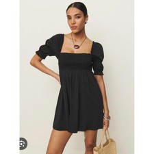 Reformation Dione Mini Dress Black Smocked Square Neck Puff Sleeve Dainty Small