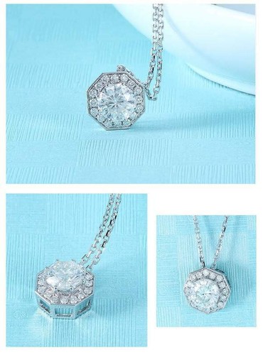 Ocatagon Shape Sterling Silver Halo Moissanite Round Cut Wedding Pendant - Bild 6 von 8