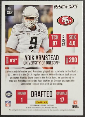 2015 Panini Score #342 Arik Armstead Rookie RC San Francisco 49ers