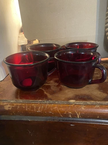 4 Ruby Red Glass Cups Vintage Arcoroc of France Vintage 1970s Coffee Tea Punch