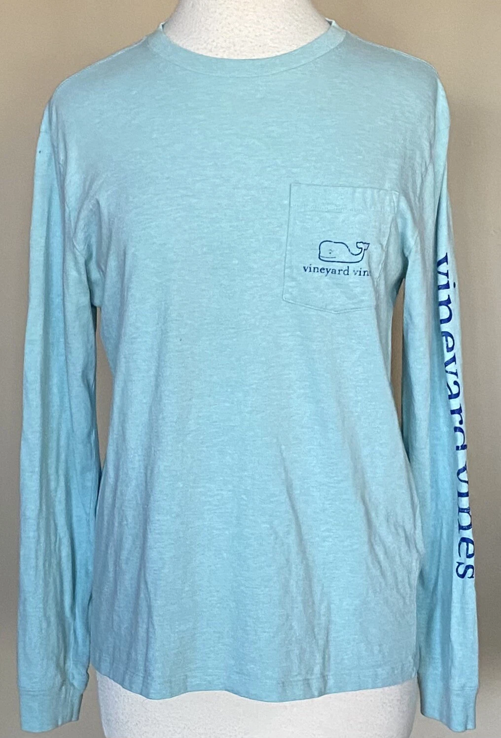 Vineyard Vines Long Sleeved Pocket Tee Heather Aqua Blue Whale Unisex Men's Sz S