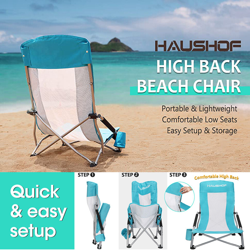 HAUSHOF High Back Beach Chair Mesh Back Folding Chair Low Seat