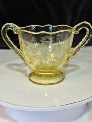 Eloquent Cut Glass Open Sugar Dish, Jubilee, Yellow, Lancaster Glass