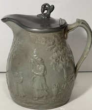 19th C. English Victorian Imperial Ironstone Salt Glaze Pottery Pitcher With Lid