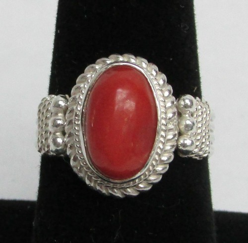 STERLING SILVER & GENUINE CORAL RING SIZE 8 3/4 - Picture 3 of 4