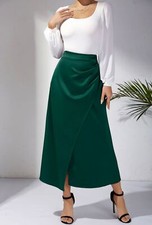 Women's Satin Pleated Split High Waist Long Solid Zipper Fishtail Wrap Skirt