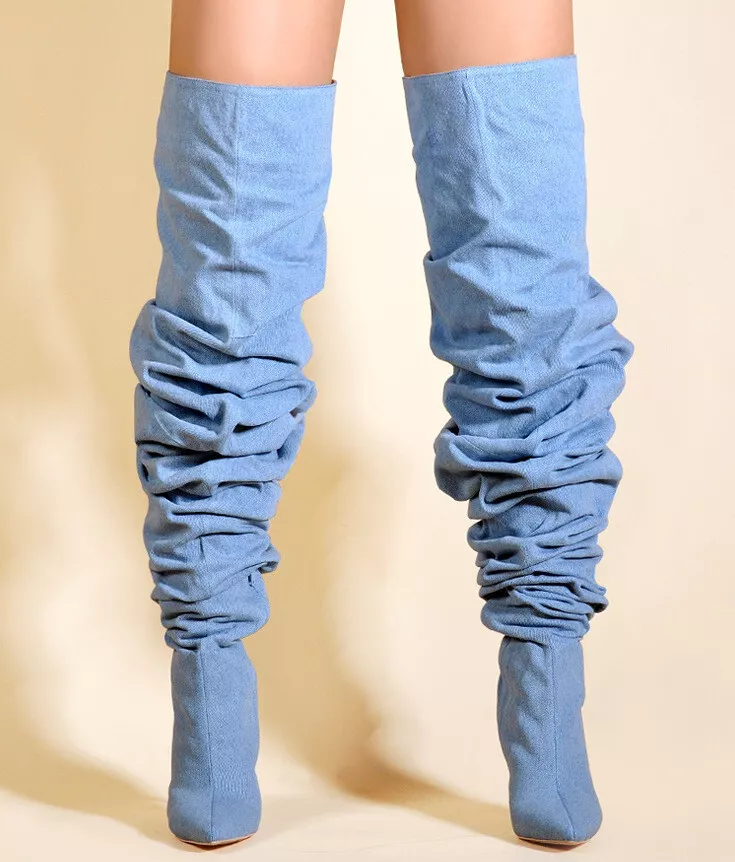 Denim knee sales high boots