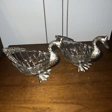 RARE Htf Vtg Metal Handicraft Set Of 2 Ornate Duck/swan Glass Master Open Salt