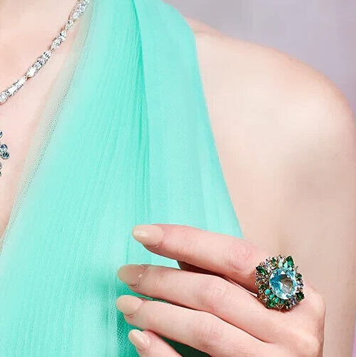 Gorgeous Oval Cut 17.54CT Aquamarine & Multi Gemstone Floral Halo Luxury Ring - Picture 4 of 8