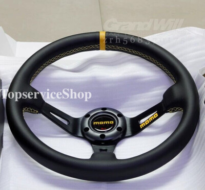 MOMO 350mm 14' Genuine Leather Deep Cone 90mm Black Spoke