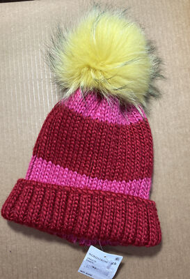 Hat Attack Telluride Stripe Knit Beanie With Raccoon Fur Pom Winter Hat 