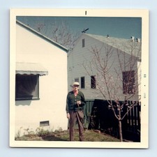 Old Vintage Square Color Photo SOLO MAN SMOKING CIGAR IN BACKYARD SNAPSHOT