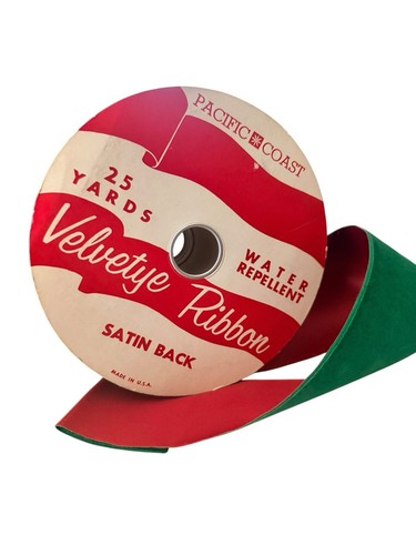 Vintage Velvet Green Ribbon Spool Red Satin Back Huge Kitschy Christmas Decor - Afbeelding 20 van 20