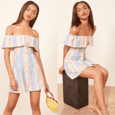 Reformation Landy Marbella Off Shoulder Linen Stripe