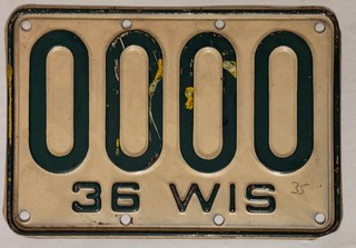 1936 WISCONSIN SAMPLE License Plate #0000