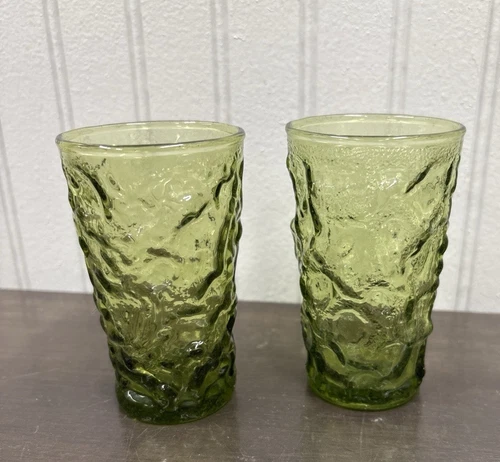 Vintage Anchor Hocking Lido Milano Tumblers Avocado Green Glasses 2 Set 3.75”T