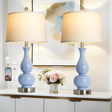 Set of 2 Coastal 27" Blue Gourd Ceramic Lamps with USB Ports for Home Decor