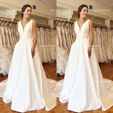 Silk Satin Wedding Dresses White Ivory V Neck Elegant Sleeveless Bridal Gowns