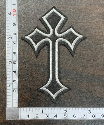 Black & Silver Gothic Cross Embroidered Iron On Patch