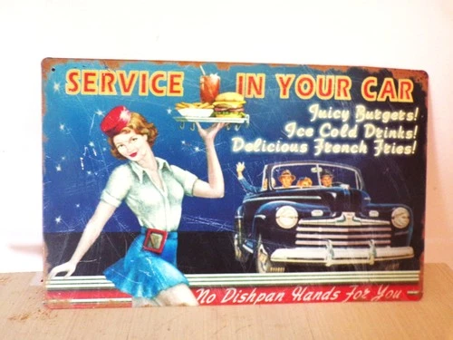 1950s Drive in Car Hop Authentic Vintage Ad, 16x10 In Tin Art Distressed