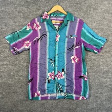 Vintage Hilo Hattie Hawaiian Shirt Blue Floral Mens Large 80s Hawaii Camp Collar