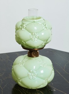 RARE NORTHWOOD GREEN CASED “QUILTED PHLOX” MINIATURE OIL LAMP SMITH 1 388
