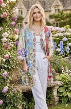 Johnny Was L Large 100 Silk Kimono Lightweight Embroidered Trim REVERSIBLE Wrap