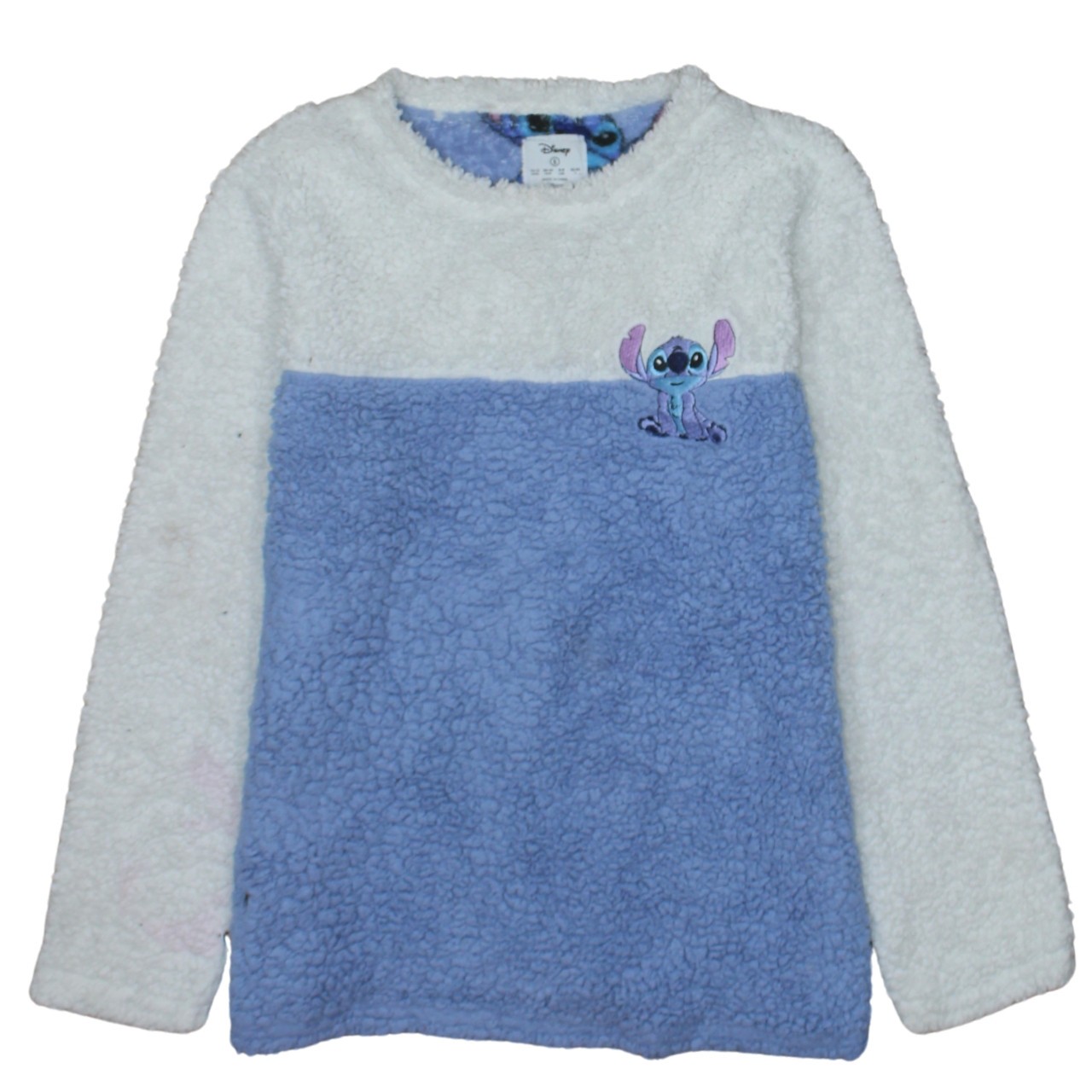 Disney Womens Stitch Jumper Blue White Sherpa Fleece Embroidered Pullover S