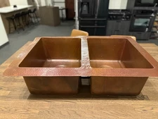 33" Hand Hammered Copper Kitchen Sink Double Basin 9" Depth 16-Gauge