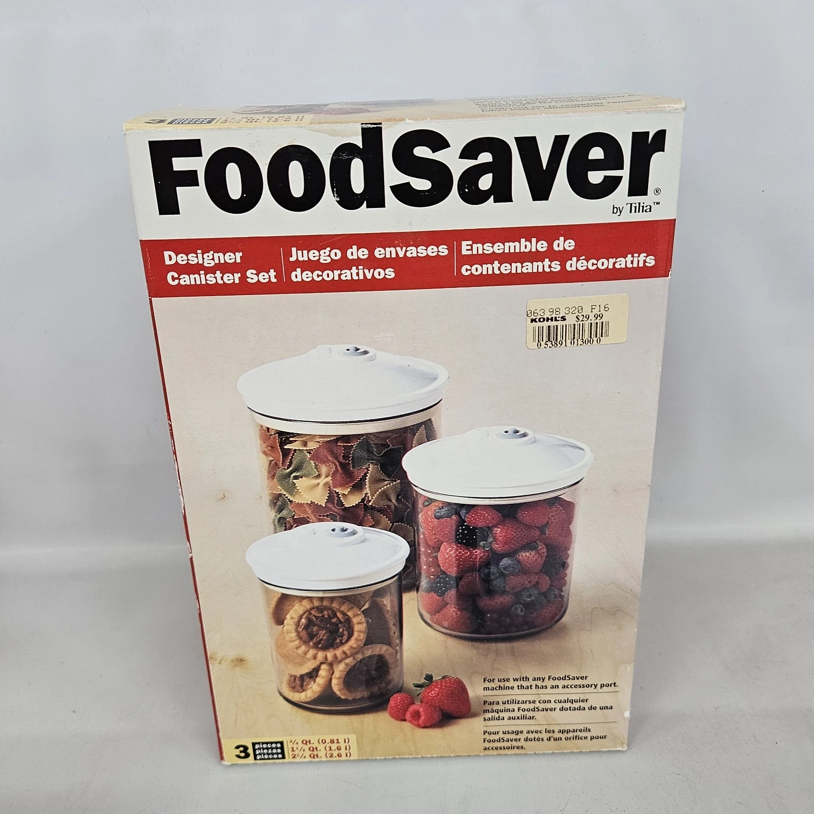 FoodSaver 3 Piece Designer Canister Set Vacuum Seal Container .75, 1.5 & 2.5 Qt.