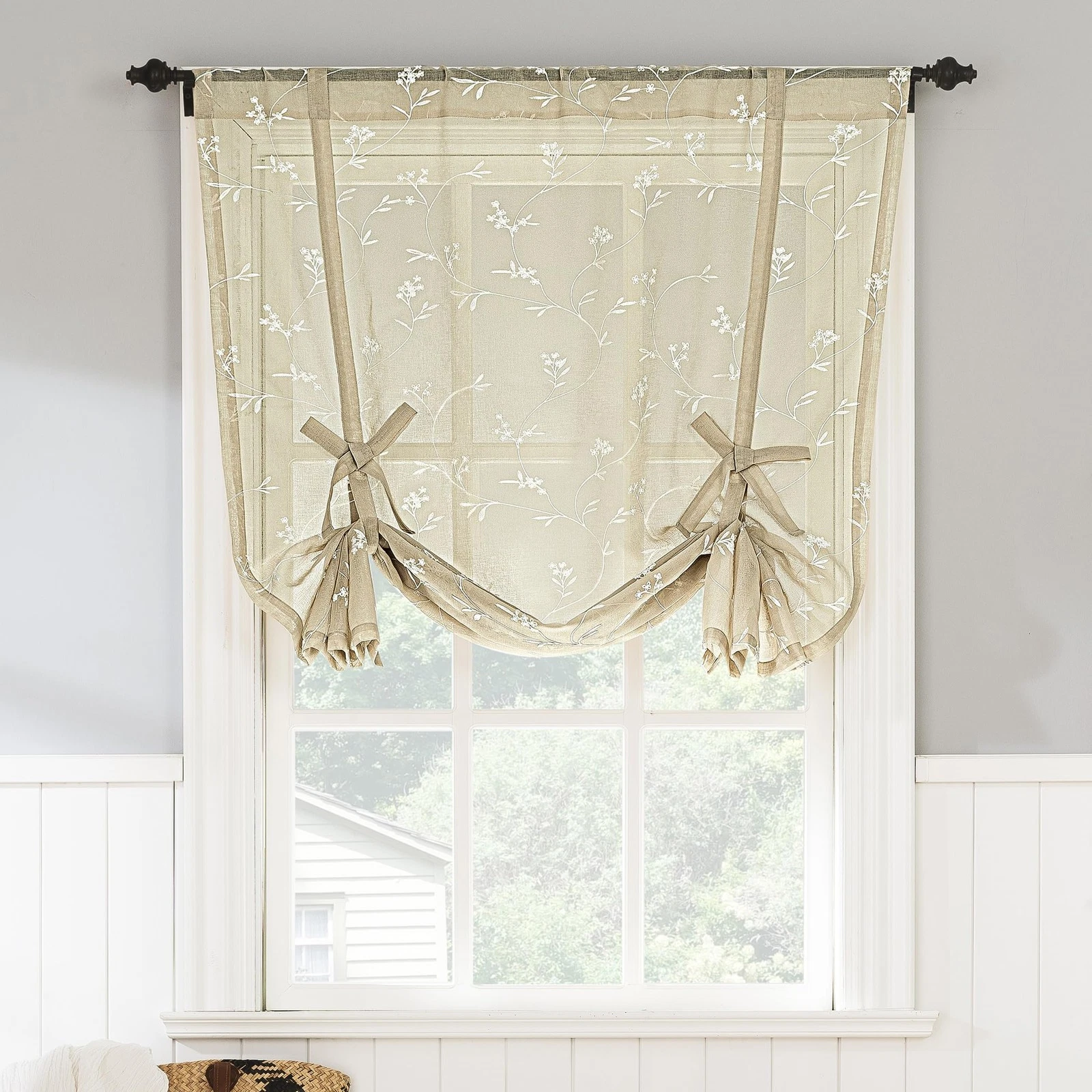Bridget Embroidered Leaf Sheer Rod Pocket Window Tie-up Balloon Shade, Linen,...