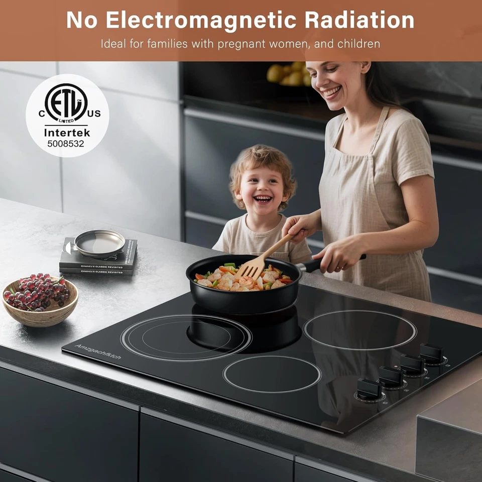 Cocina Eléctrica 24"" 4 Quemadores Estufa Superior Incorporada Cerámica Radiante Perilla Control Foto 4 de 4